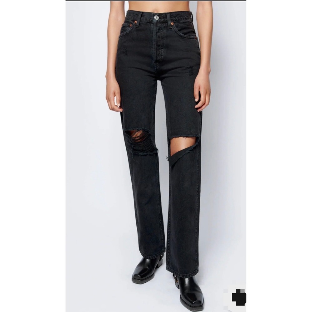 NEW RE/DONE 90s High Rise Loose Jeans Washed Black Rip Size 29